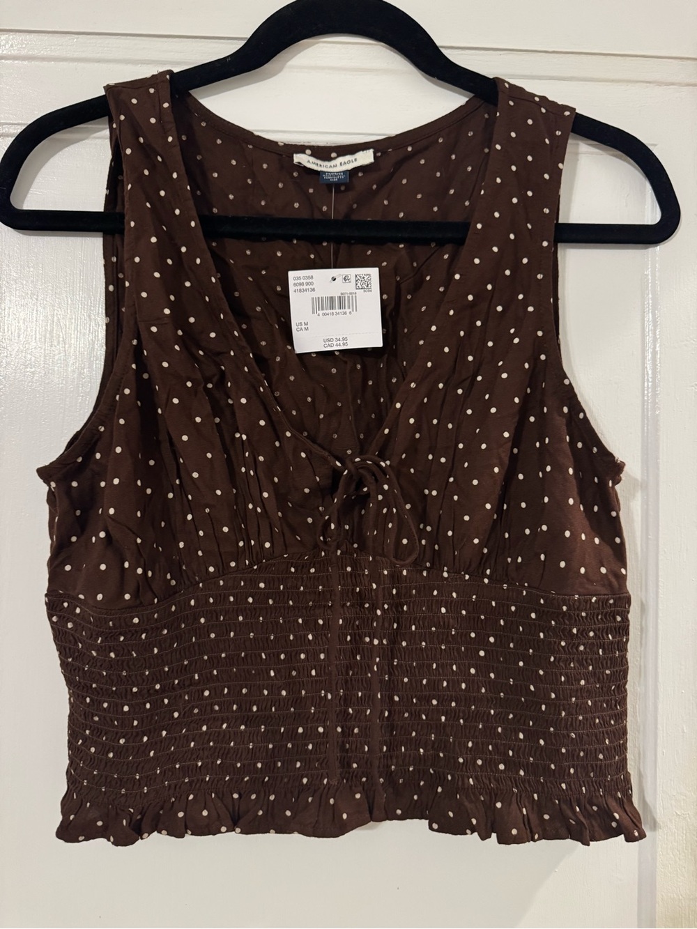 American Eagle Outfitters Brown with White Polka Dot Smocked Crop Tank